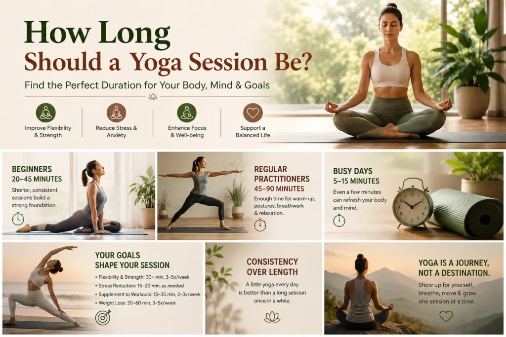 Woman meditating during a yoga session banner showing ideal yoga duration for beginners and regular practitioners